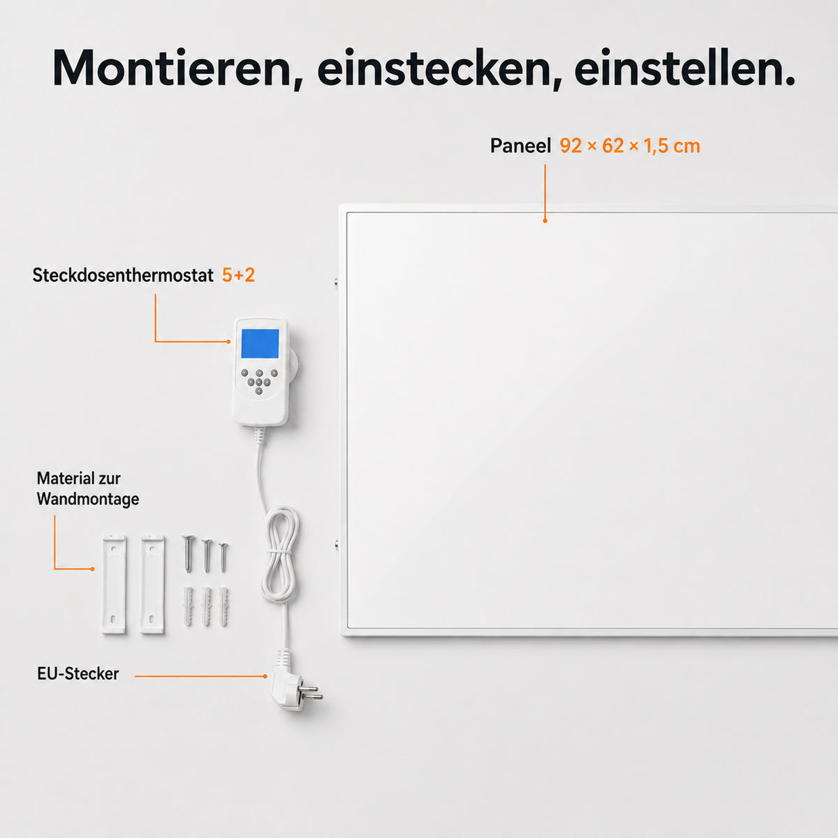 520-W-Infrarotheizung mit Wandhalterung, EU-Stecker und Steckdosenthermostat