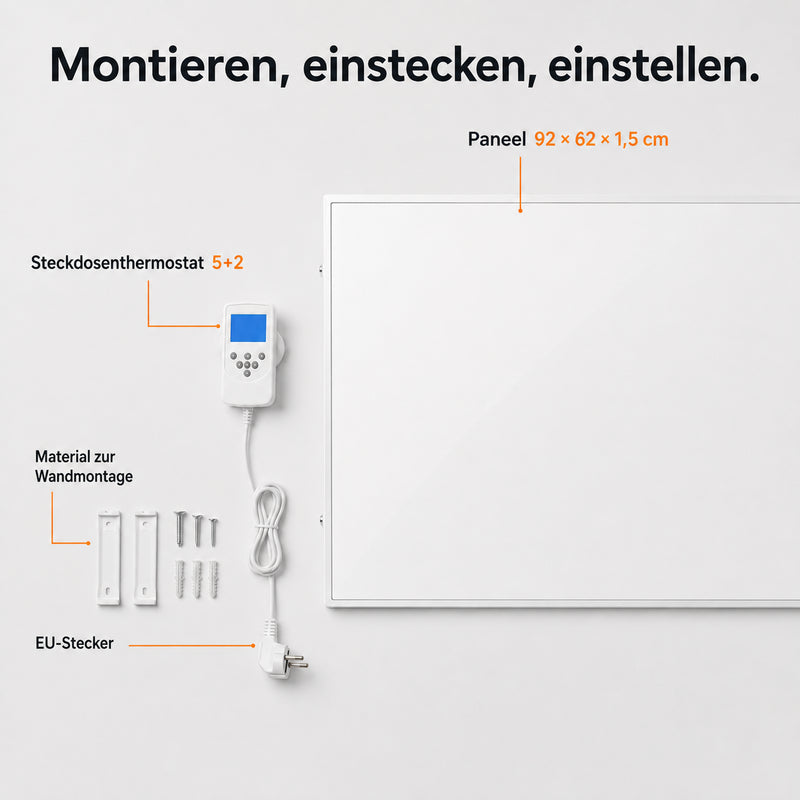 520-W-Infrarotheizung mit Wandhalterung, EU-Stecker und Steckdosenthermostat